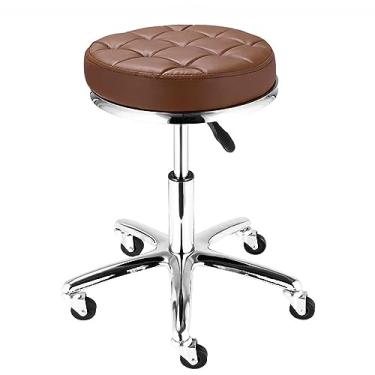 Imagem de Banqueta com rodinhas de couro PU, cadeira giratória ajustável, assento confortável com 5 rodas banqueta redonda para barbearia, salão de beleza, marrom