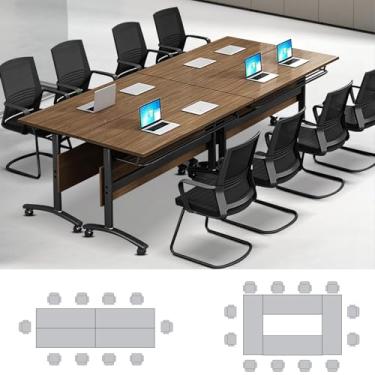 Imagem de Mesa de conferência dobrável com rodas trancáveis, mesa móvel de nogueira, mesa de reunião, 2 mesas de sala de treinamento para 10 pessoas, escritório, casa, sala de aula, seminário (pacote com 4, 140