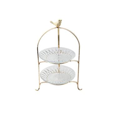 Imagem de Suporte de sobremesa duplo de três camadas mesa de sobremesa dourado de três camadas suporte de confeitaria suporte de confeitaria de vidro doméstico suporte de bolo de cerâmica bandeja de servir