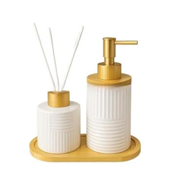 Imagem de Kit Banheiro de Cerâmica 2 Peças – Dispenser Porta Sabonete Líquido e Porta Escova de Dente | Ideal para Lavabo e Decoração Elegante(BRANCO ABSTRATO)