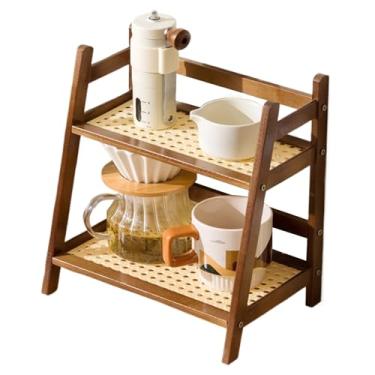 Imagem de Organizador de canecas de café, estação de armazenamento de canecas de 2 níveis | Prateleira multifuncional, exibição de garrafa de água, imitação de estilo rattan, prateleira de armazenamento de mesa