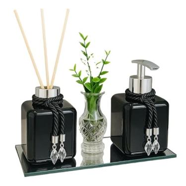 Imagem de Kit Lavabo Pet Vasinho Com Flor Bandeja Aromatizador e Saboneteira Luxo - Decoração Banheiro Moderno(Preto/Prata)