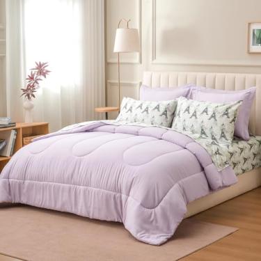 Imagem de ARTALL Jogo de cama king size em uma bolsa, 7 peças, cor roxa clara com Torre Eiffel, jogo de cama floral, estilo francês chique, macio, com edredom, lençóis, fronhas e fronhas para todas as estações