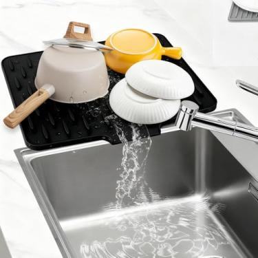 Imagem de Tapete de secagem de pratos de silicone para balcão de cozinha – Tapete de pia resistente ao calor de 39,9 cm x 30,5 cm com ralo embutido, almofada de secagem antiderrapante (preto)