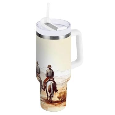 Imagem de xigua Copo vintage Western Cowboy de 850 g com tampa e canudo, aço inoxidável de vácuo duplo isolado garrafa de água esportiva suporte para copo de café de viagem à prova de vazamento para bebida