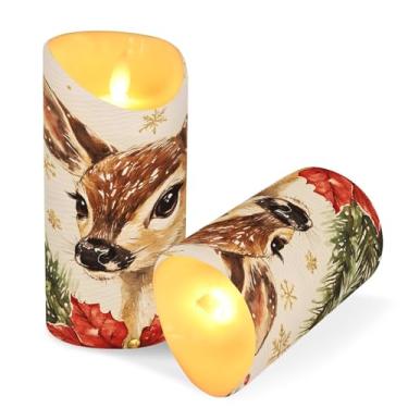 Imagem de Blueangle Pacote com 2 velas de rena de Natal sem chama com controle remoto e temporizador, velas LED cintilantes (7,6 cm x 15 cm) para decoração de casa, casamento, acampamento (669)