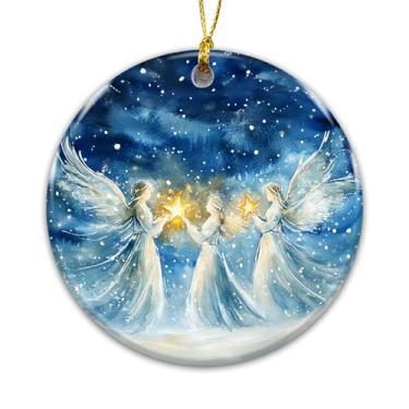 Imagem de Ornamento Angels 2025 – Enfeite de anjo celestial segurando estrelas, decoração de Natal de presépio angelical em aquarela, árvore de Natal cristã religiosa, presente de lembrança memorial para fé e