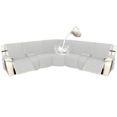 Imagem de Arfntevss Capas para sofá reclináveis 1OO% à prova d'água, em forma de L, capa de sofá reclinável em forma de L, protetor de canto lavável para cães (5 lugares com 2 consolas, cinza claro)