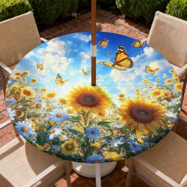 Imagem de COTAIL Toalha de mesa redonda para uso ao ar livre com zíper e orifício para guarda-chuva, toalha de mesa elástica à prova d'água a óleo para pátio, piquenique, acampamento, jardim, serve para mesa