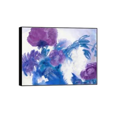 Imagem de Pintura de arte de parede de flores - imagem de decoração vintage - azul branco flores roxas 2-impressões em tela moldura preta para sala de estar 40 x 50 cm 16 x 20 pol