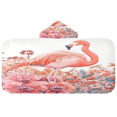Imagem de Burbuja Flamingo Standing on Flowers Toalha de banho com capuz para crianças, toalha de praia de pelúcia macia absorvente para chá de meninas e meninos 3-10 anos, 61 x 127 cm