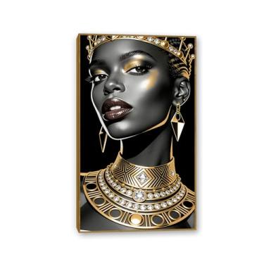 Imagem de Arte africana decoração de parede preto e dourado retrato feminino pintura elegante arte de parede afro-americana para decoração de casa sala de estar quarto 70 x 120 cm (28 x 47 pol) cor teca