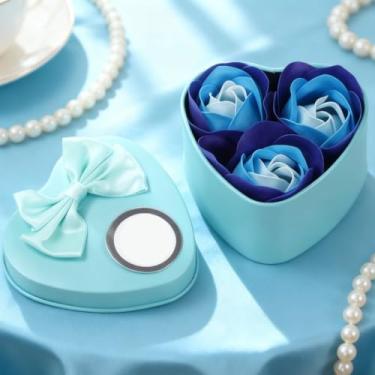 Imagem de Rosas artificiais azuis em caixa de lata, 3 buquê de rosas realistas para presente de dia dos namorados, decoração de mesa para adultos