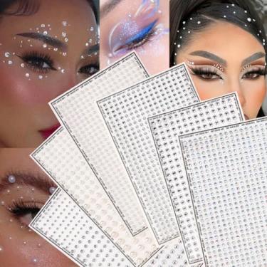 Imagem de 6 peças de tatuagens minimalistas brancas prateadas strass pérola estéreo decoração de rosto adesivos festival festa baile de máscaras para cabelo olhos rosto tatuagem temporária com decoração