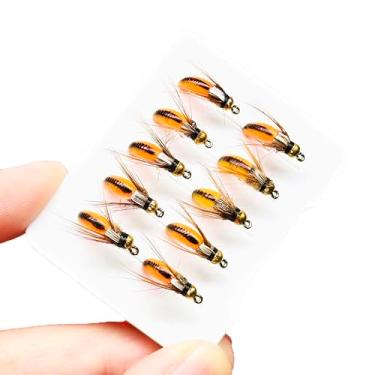 Imagem de Qievcrme 10 peças Isca de moscas molhadas para pesca com mosca para robalo, truta lúcio, salmão, cabeça de latão, caddis, ninfa, isca de pesca feita à mão, isca de pesca artificial contra insetos