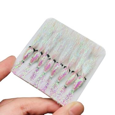 Imagem de Qievcrme 8 peças Bionics Iscas artificiais de camarão de seda flash de cristal com mosca, moscas, água salgada, água doce, isca para robalo, truta, salmão, anzol, tamanho nº 6 (prateado)
