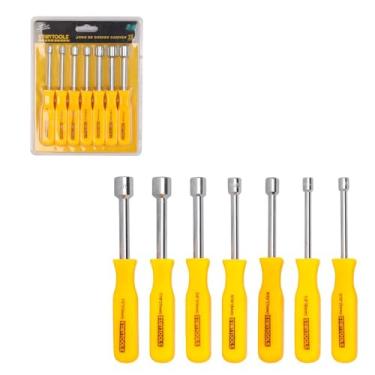 Imagem de Jogo de Chaves Canhão 7 Peças, 70mm, Cabo Plástico Ergonômico Amarelo, Aço, 3/16" a 1/2", 509g