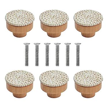 Imagem de ccHuDE 6 puxadores de gaveta de vime boho puxadores de madeira puxadores redondos de madeira puxadores de armário puxadores de armário puxadores de guarda-roupa de móveis com 6 parafusos brancos