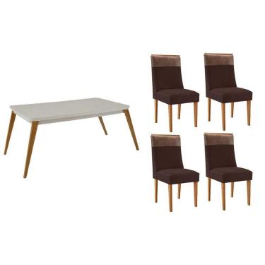 Imagem de Sala Jantar Mesa Havana Tampo c/ Vidro Curvo 120cm+4 Cadeiras Jaspe Madeira Naturale/Off White - Capuccino/Suede Marrom - Rufato