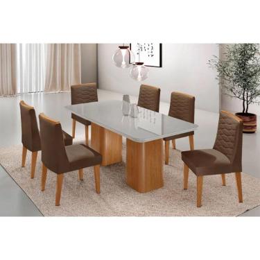 Imagem de Sala Jantar Mesa Maldivas Tampo c/ Vidro Curvo 180cm+6 Cadeiras Maldivas Madeira Naturale/Off White - Capuccino/Suede Marrom - Rufato