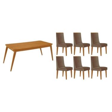Imagem de Sala Jantar Mesa Havana Tampo Curvo 180cm+6 Cadeiras Dakota Madeira Naturale - Capuccino/Corano Capuccino - Rufato