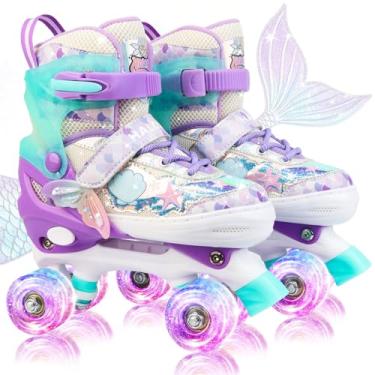 Imagem de HALOSK Patins de sereia para crianças, meninas, meninos, 4 tamanhos, quadriciclos, ajustáveis, com 8 rodas, design de escama de peixe para iniciantes de 3 a 12 anos