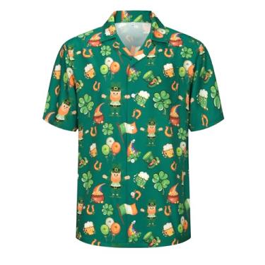 Imagem de Kosgraiy Camisa masculina havaiana do dia de São Patrício com botão de manga curta, camisa havaiana do dia de São Patrício para homens, camisas de praia casuais impressas engraçadas dos dias de São