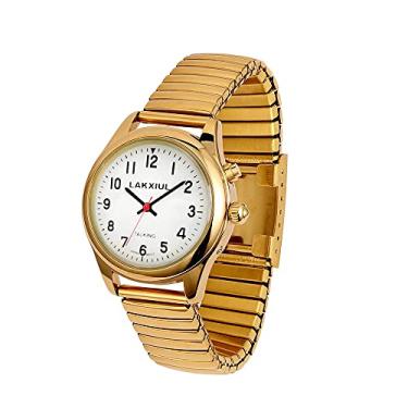 Imagem de LAKXIUL O relógio inglês falante pode tocar hora, data, mês, pode definir três alarmes, caixa de liga de ouro com cinto de expansão de aço inoxidável de comprimento ajustável dourado