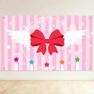 Imagem de Painel de Fundo para Fotos Aniversário com Tema Rosa, 90x150cm Decoração Parede Festa Tema Anime com Laço e Estrelas Ideal para Decoração Festa Aniversário de Meninas
