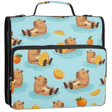 Imagem de Organizador de fichário com zíper, capivaras fofas, 3 argolas de 3,8 cm, bolsa escolar floral com alça de ombro, estojo de armazenamento com alça, 34,5 x 31,5 x 9 cm