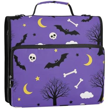Imagem de Organizador de fichário com zíper, morcegos pretos, roxos, 3 anéis, 3 anéis, bolsa colorida para fichário do ensino médio com alça, suporte para 500 folhas, 34,5 x 31,5 x 9 cm