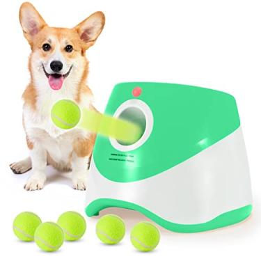 Imagem de SOCO Lançador automático de bolas para cães, distância de 3 a 30 m, lançador de bola recarregável por USB, brinquedo indicador de LED, inclui 6 mini bolas de tênis (5 cm) para cães pequenos