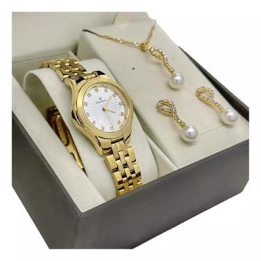 Imagem de Kit Relógio Champion Feminino Pequeno com Fundo Branco e com Colar e B