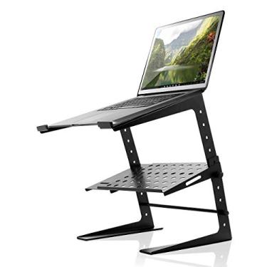 Imagem de Pyle Suporte portátil ajustável para laptop – monitor de mesa de 6,3 a 10,9 polegadas ou elevador de estação de trabalho de computador com armazenamento de prateleira e alinhamento de altura para DJ, PC, jogos, casa ou escritório – PLPTS26