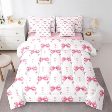 Imagem de Erosebridal Jogo de cama casal com laço rosa e laço rosa fofo, 7 peças, para crianças, mulheres, com laço e laço kawaii, lençol de cima com elástico