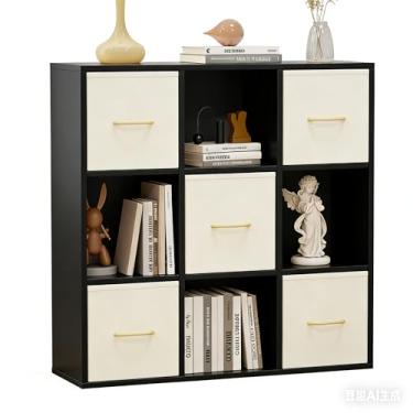 Imagem de Organizador de armazenamento com 9 cubos – estante de madeira maciça com 5 caixas de armazenamento, prateleira de cubo com 3 painéis traseiros removíveis, estante vertical ou horizontal, prateleira