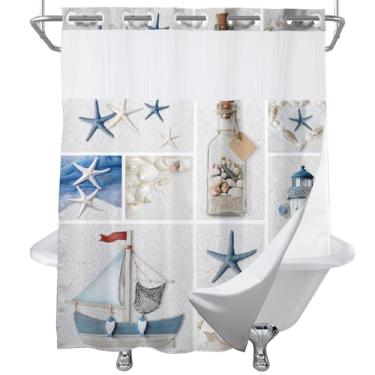 Imagem de Final Friday Cortina de chuveiro branca abstrata com tema de praia sem gancho, tecido waffle com forro de encaixe, verão, oceano, litoral, náutico, moderno, conjunto de decoração de banheiro 182 cm L