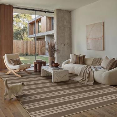 Imagem de PureCozy Tapete listrado fácil de juta 12 x 18 cm, marrom, lavável, antiderrapante, para quarto, escritório, casa de fazenda, neutro, não cai, para ambientes internos e externos, tapete grande para