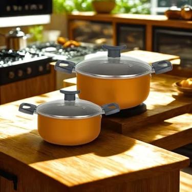 Imagem de Conjunto Caçarolas cor Bronze Antiaderente 7 Camadas 16 e 18cm Tampa Vidro