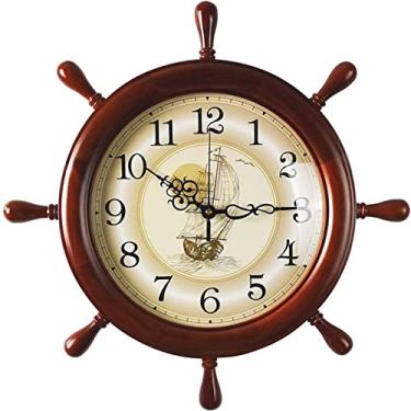 Imagem de AkosOL Relógio de parede, relógio decorativo de leme estilo mediterrâneo, decoração de parede silenciosa de madeira de 45 cm para sala de estar quarto - decoração marrom