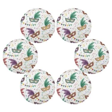 Imagem de Wassud Jogo americano conjunto de 6 máscaras de carnaval tapetes redondos para cozinha e jantar tapetes laváveis resistentes ao calor para decoração de mesa 39 cm