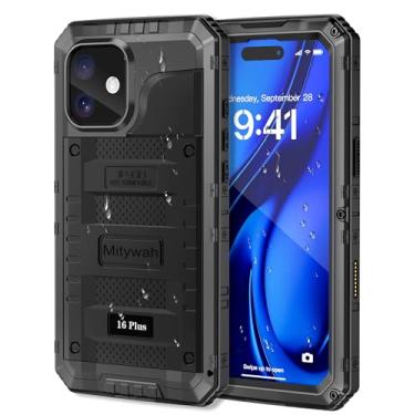 Imagem de Mitywah Capa à prova d'água para iPhone 16 Plus, capa resistente à prova de choque com protetor de tela integrado, capa protetora de metal de corpo inteiro subaquática de 6,7 polegadas, preta