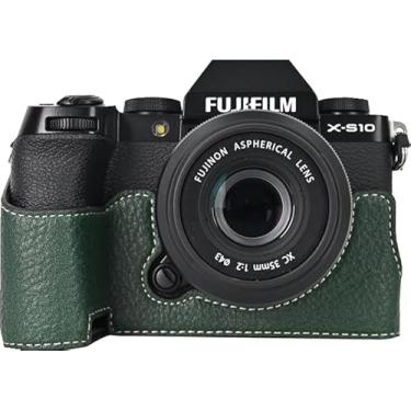 Imagem de Capa para X-S10, capa BMAOLLONGB feita à mão de couro liquei, meia câmera, versão com abertura inferior para Fujifilm X-S10 XS10 com alça de mão (verde)