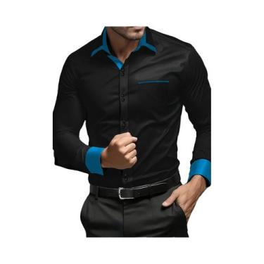 Imagem de Camisa Social Masculina Preta De Manga Longa Clássica Com Patchwork FG