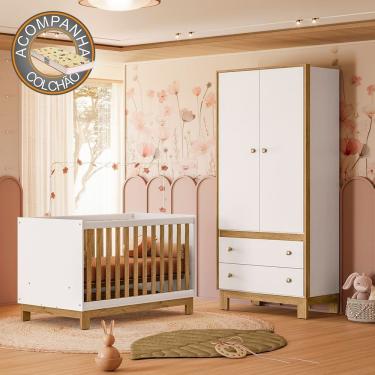 Imagem de Quarto de Bebê com Berço Slim e Guarda Roupa Flora Branco Freijó Qmovi + Colchão Gazin