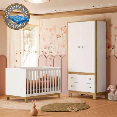 Imagem de Quarto de Bebê com Berço Slim e Guarda Roupa Flora Branco Acetinado Qmovi + Colchão Ortobom