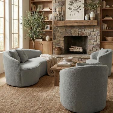 Imagem de Kit de 01 Sofá Orgânico Curvo Feijão + 02 Poltronas Confortável Sala Estúdio Amore Bouclê Cinza - Montanari`s Decor