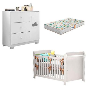 Imagem de Berço Americano Lara E Cômoda Infantil Ane Branco Brilho Com Colchão Gazin – Phoenix Baby