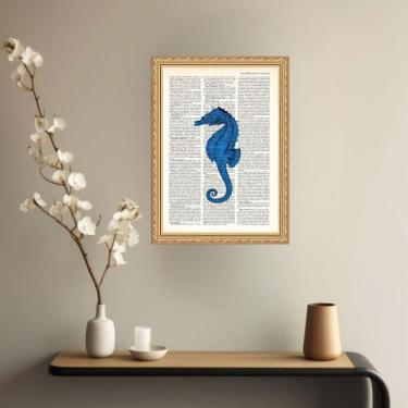 Imagem de Quadro Decorativo Cavalo Marinho Azul Vintage 33X24Cm Vidro