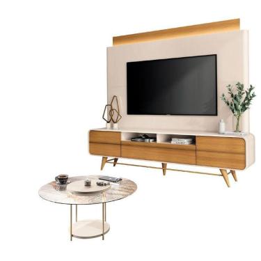 Imagem de Estante Home Theater Nobre Off White Cinamomo E Mesa De Centro Sky Com Tampo De Vidro Off White– Hb Móveis